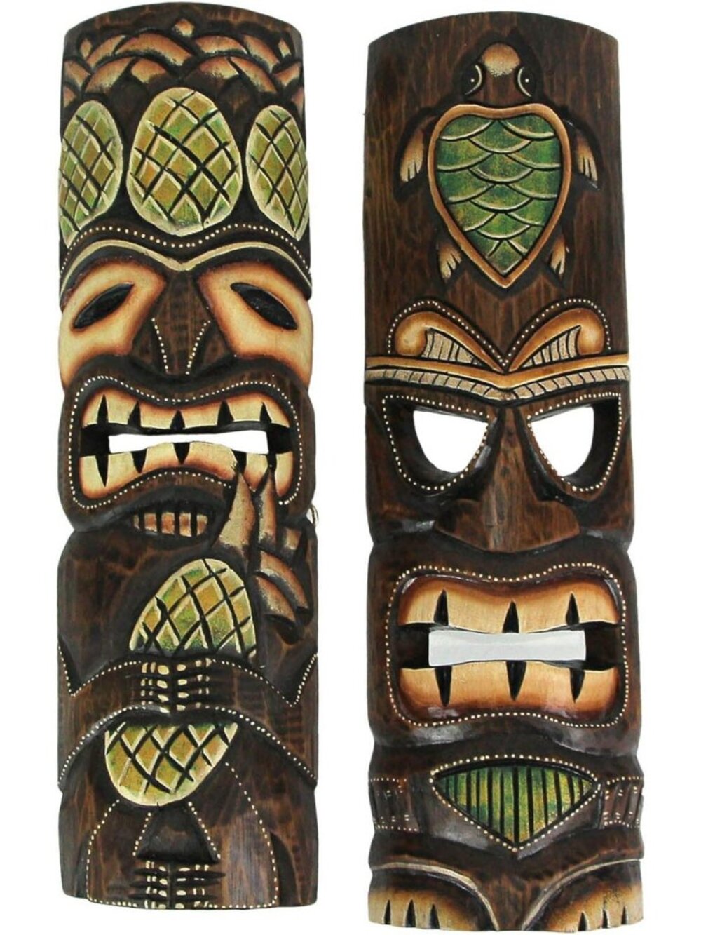 Handcrafted Wooden Tiki Wall Masks Set of 2 - Pineapple & Sea Turtle Decor, 20